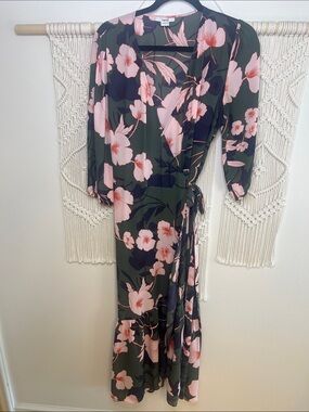 Bar III Olive & Pink Floral Wrap Maxi Dress